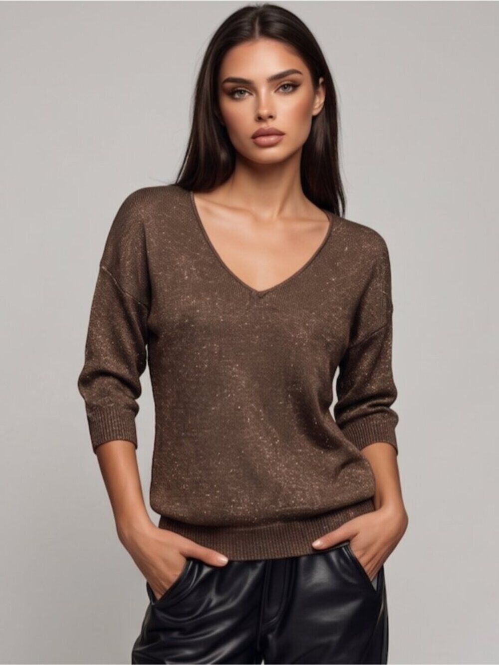 Brown Metallic Shimmer Knit Sweater – Relaxed V-Neck 3/4 Sleeve Top